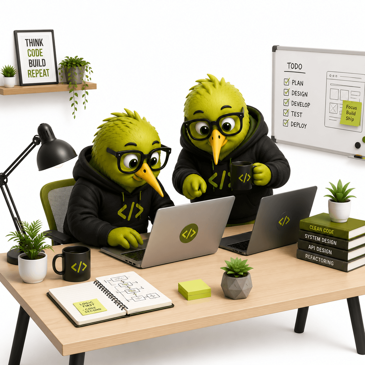 Two kiwitechlabs developers pair-coding — Think, Code, Build, Repeat