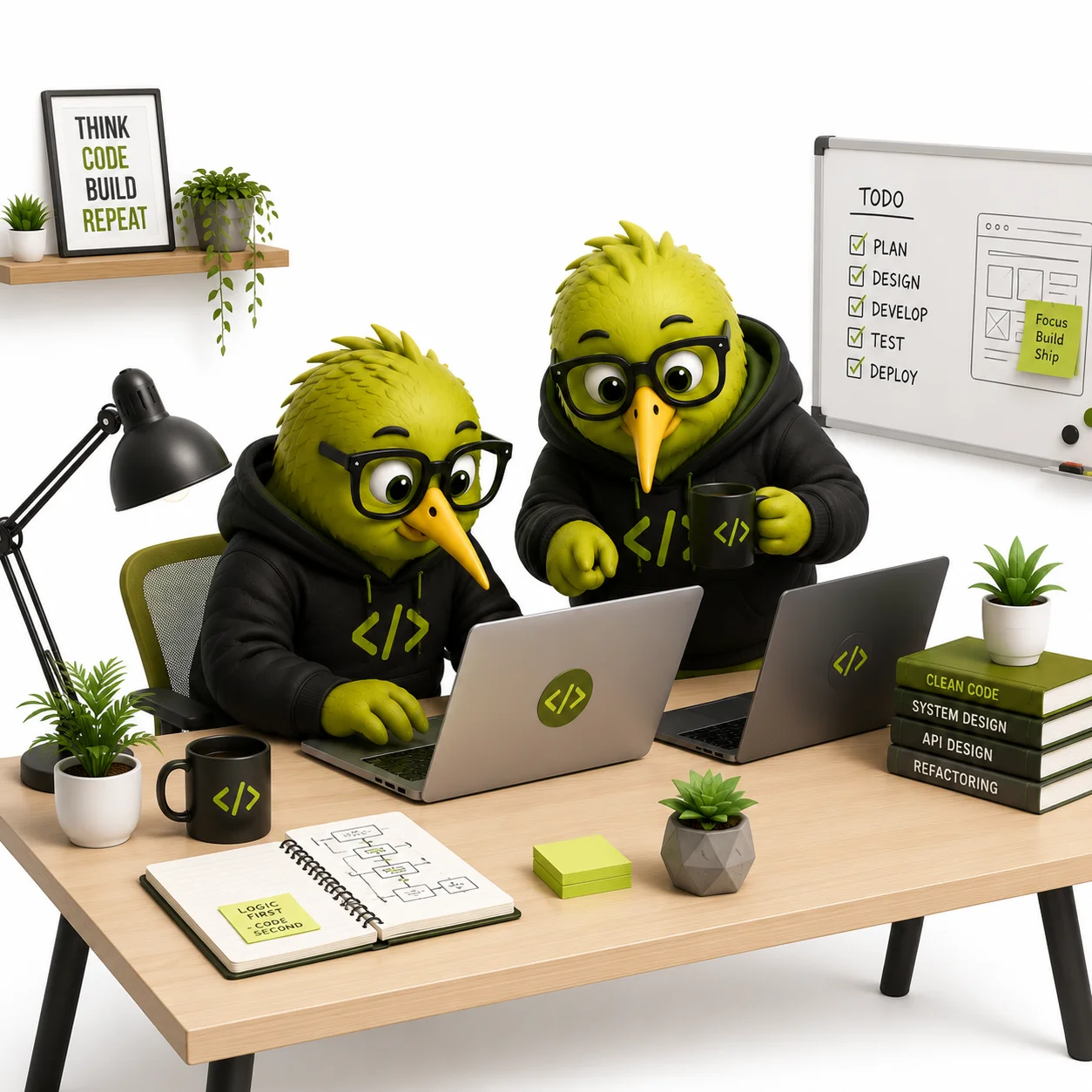 Two Kiwitech Labs developers pair-coding — Think, Code, Build, Repeat